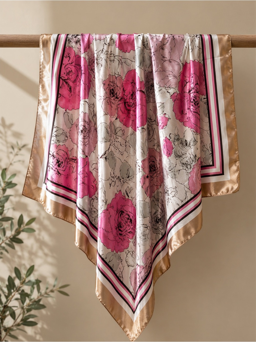Pink Floral Satin Scarf with Gold Border